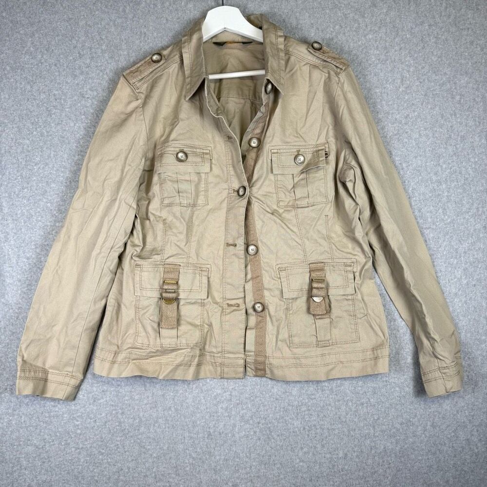 Vintage Eddie Bauer Women's Large Tan Utility Safari Button Down Jacket Coat